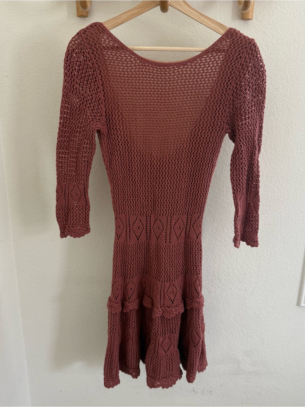 Y2K 90s Moda International Crochet long sleeve Mini Dress Rust terracotta Brown